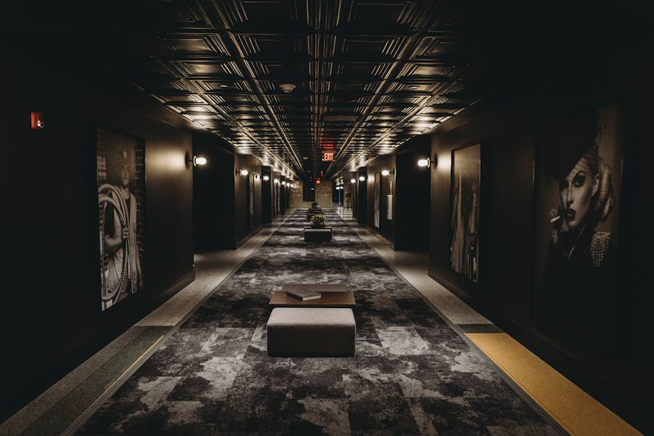 Stylish boutique hotel corridor in Brussels with modern art and refined design