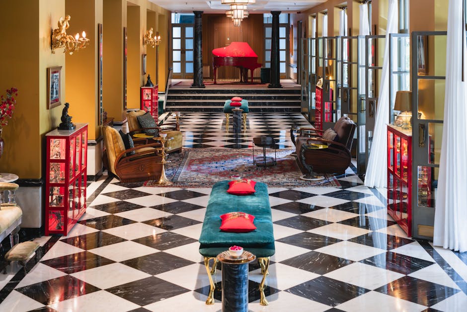 Boutique hotel lobby with chic interiors and grand entrance design in Brussels
