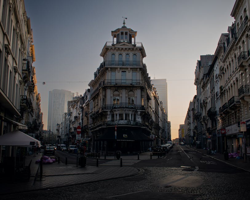 Charming Brussels neighbourhood with classic European architecture at sunset