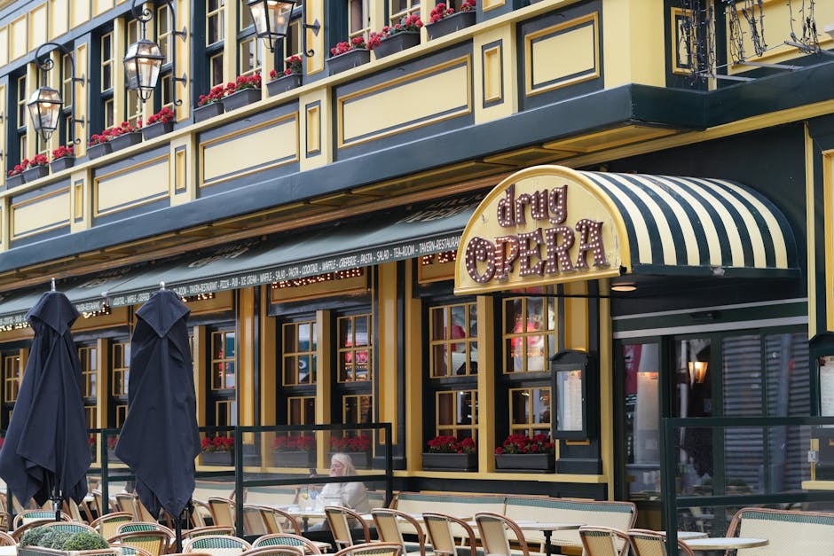 Best restaurants in Brussels — elegant facade of historic Brussels restaurant with outdoor seating