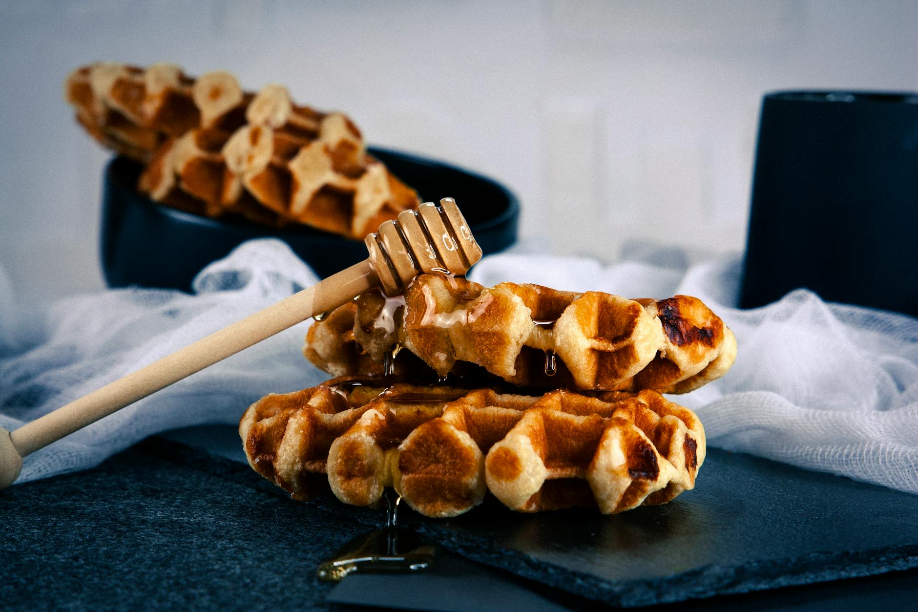 Fresh Belgian waffle with toppings served as street food in Brussels