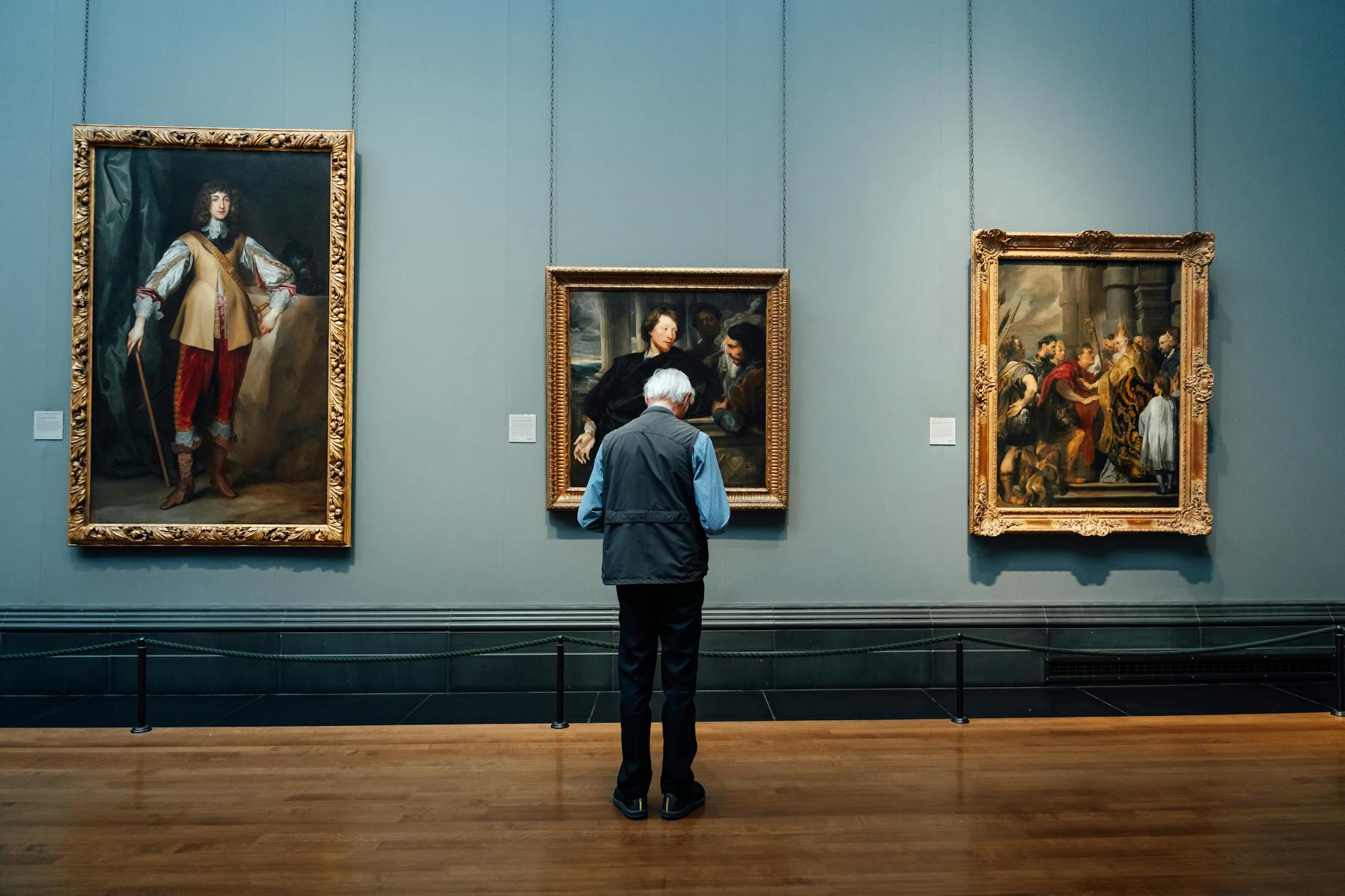 Art gallery interior with classical paintings on display in a Brussels museum