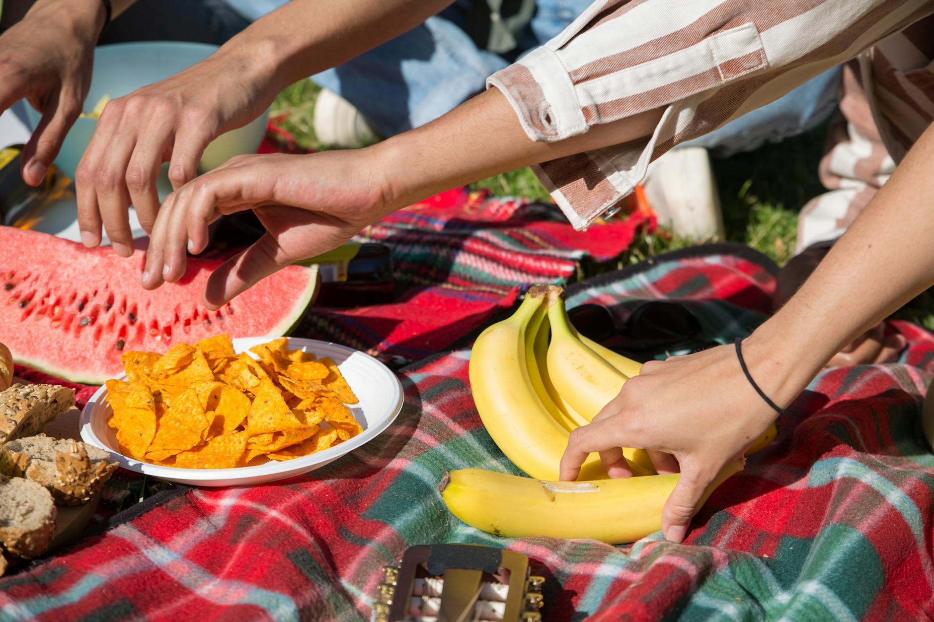 People enjoying a picnic on a blanket in a sunny park
