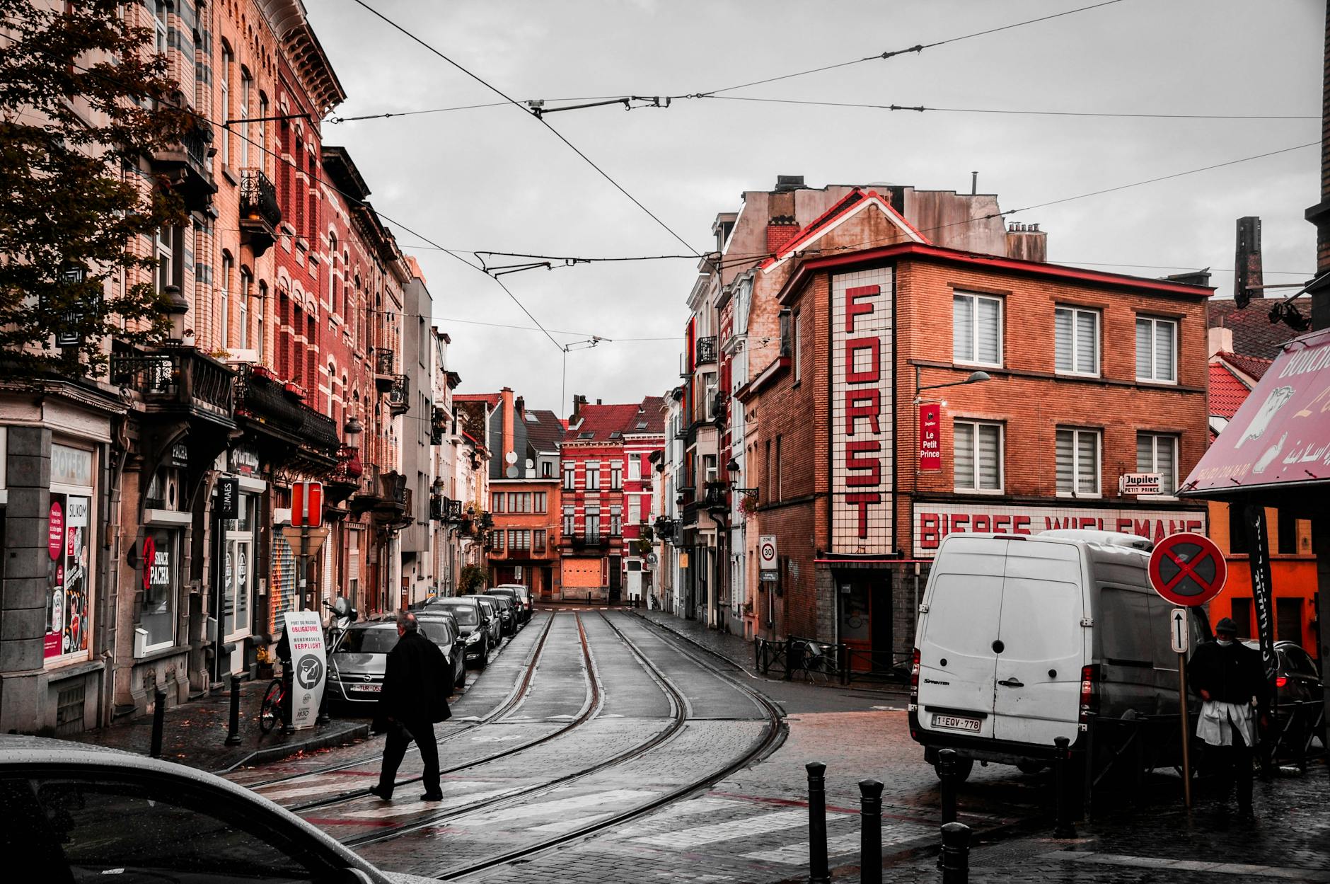 Brussels tram public transport running through city streets