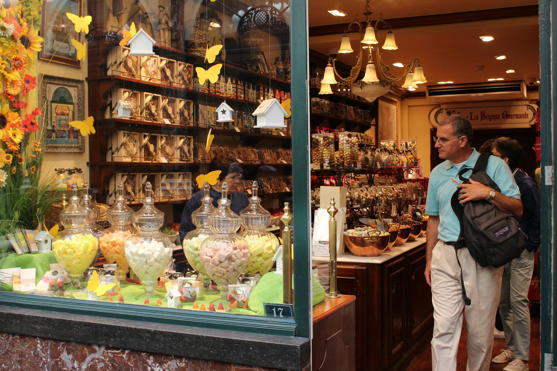 Elegant chocolate shop window display in the Sablon district Brussels
