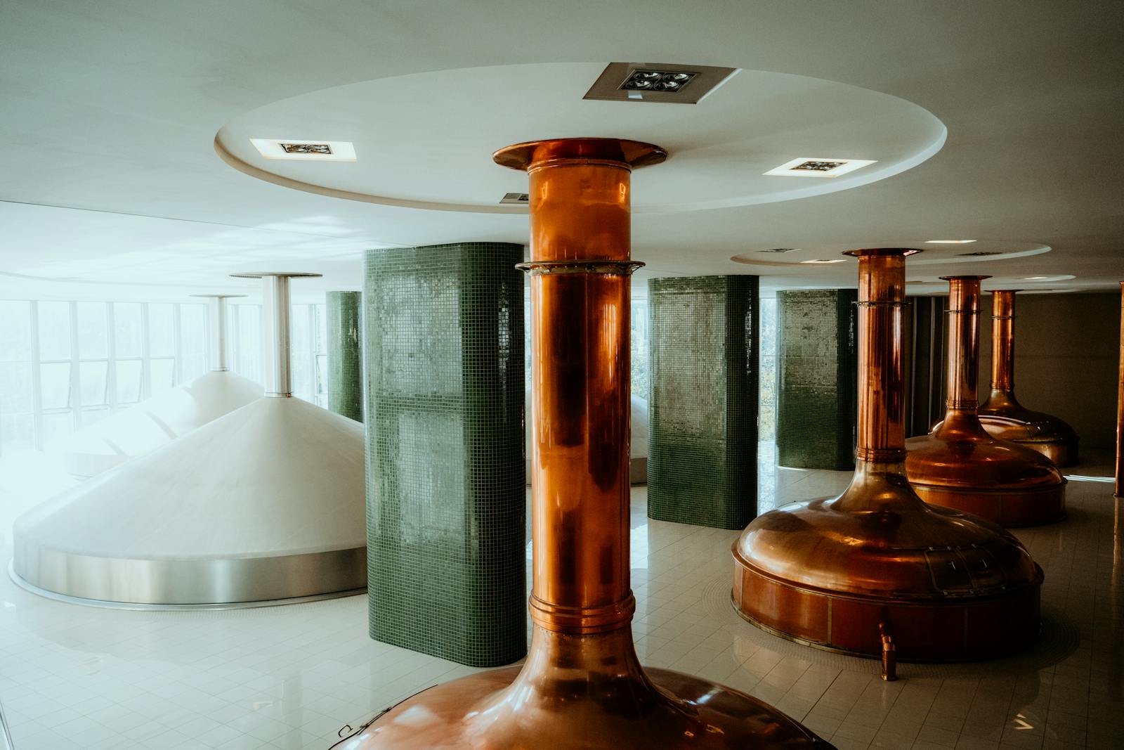Brussels beer shops — best traditional Belgian brewery interior with copper brewing equipment and tasting bar