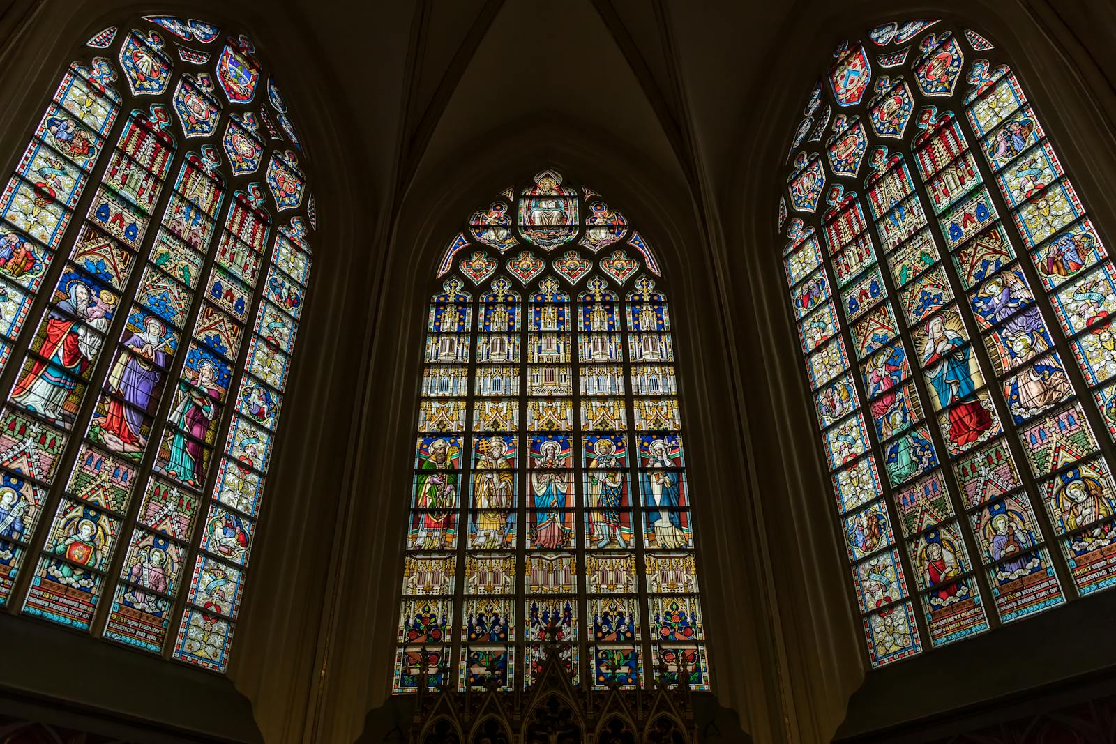 Brussels churches cathedrals — best Gothic church interior with vaulted ceilings stained glass windows and stone columns