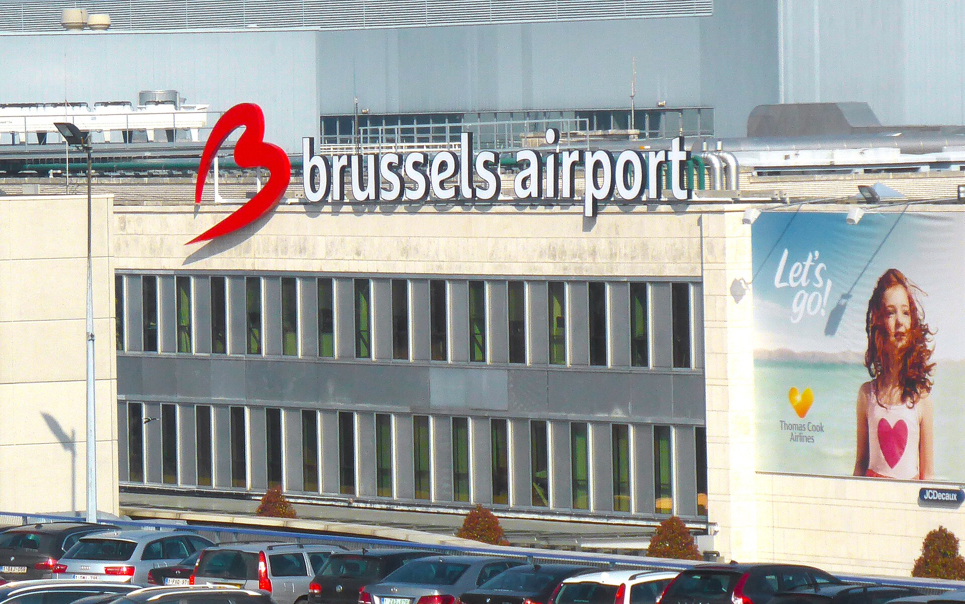 The Brussels Airport terminal building with its red heart logo and lettering above the entrance