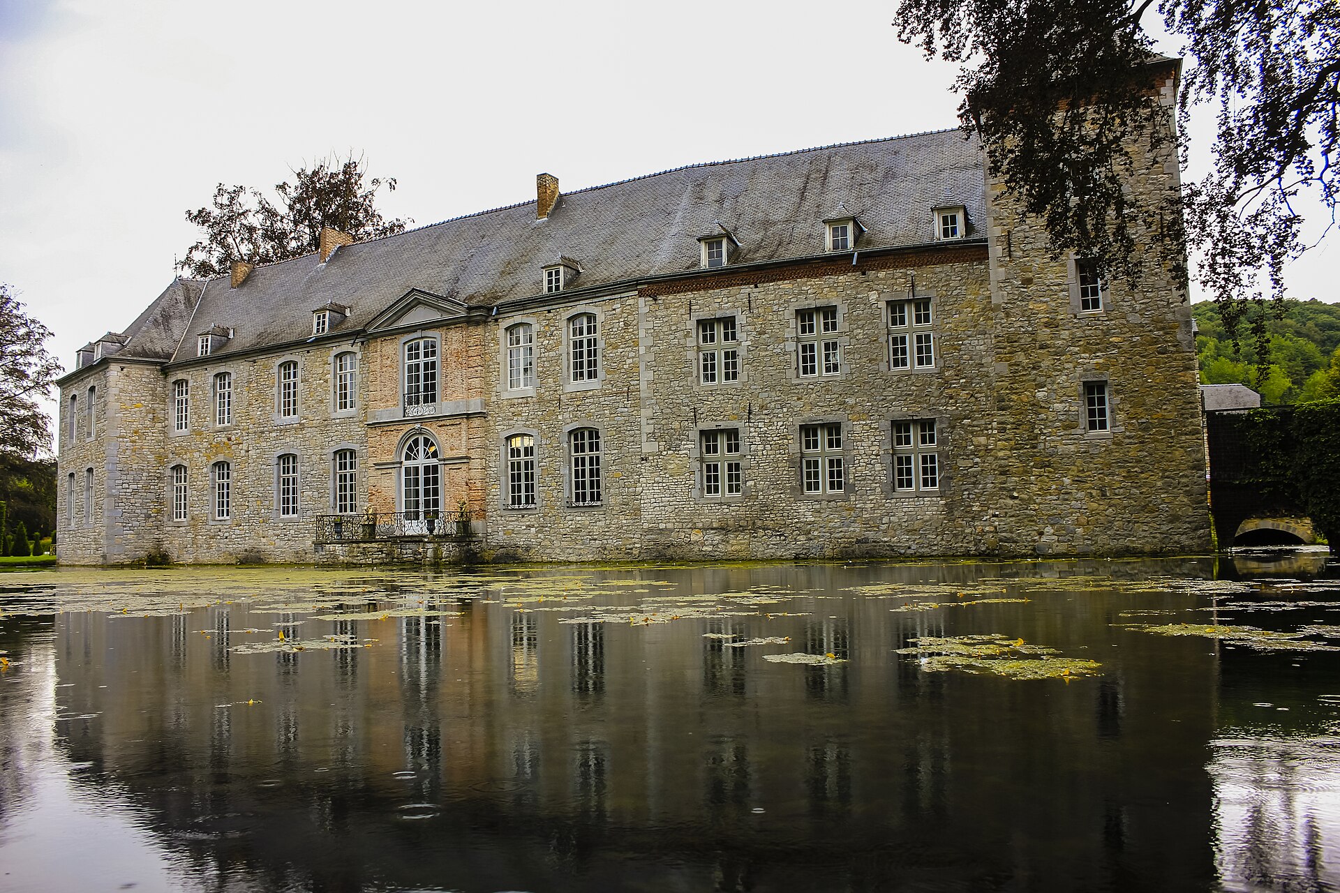 The stone Château d'Annevoie reflected in the still water of its pond, with lily pads in the foreground and wooded hills behind