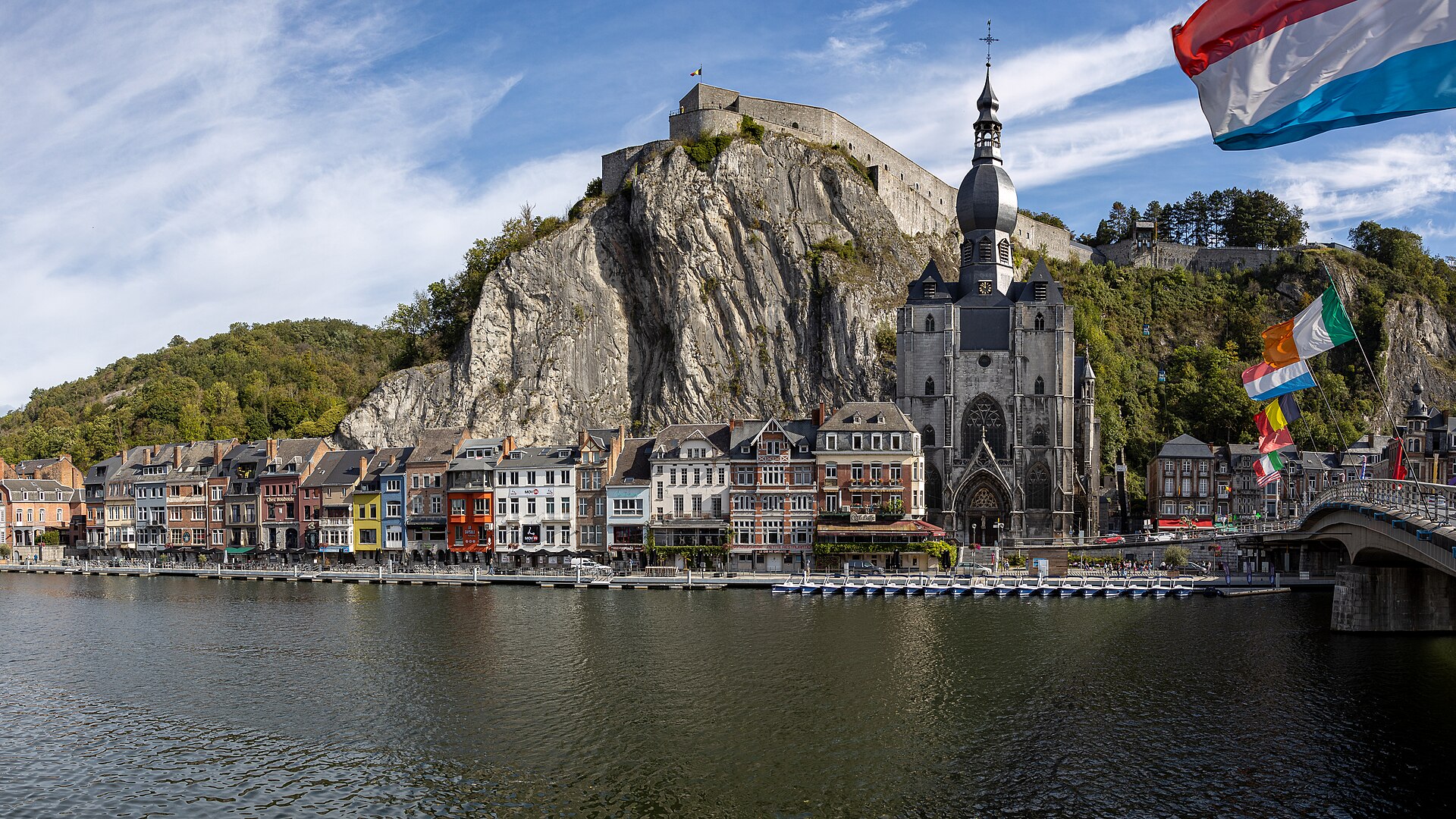 Dinant on the Meuse with its bulbous-spired collegiate church beneath the citadel on its limestone cliff