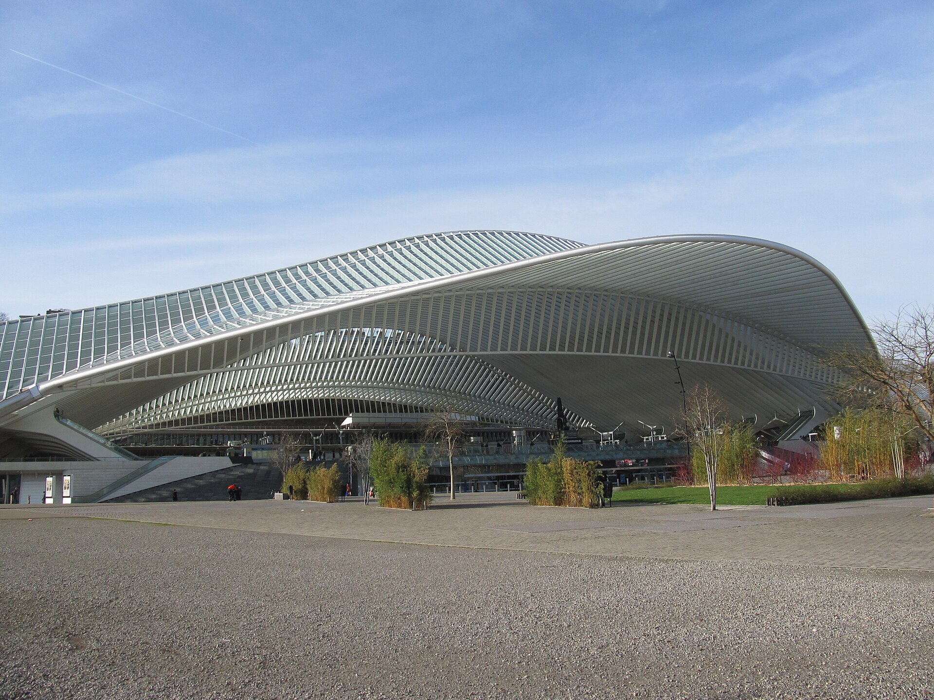 The white steel and glass roof of Liège-Guillemins station designed by Santiago Calatrava