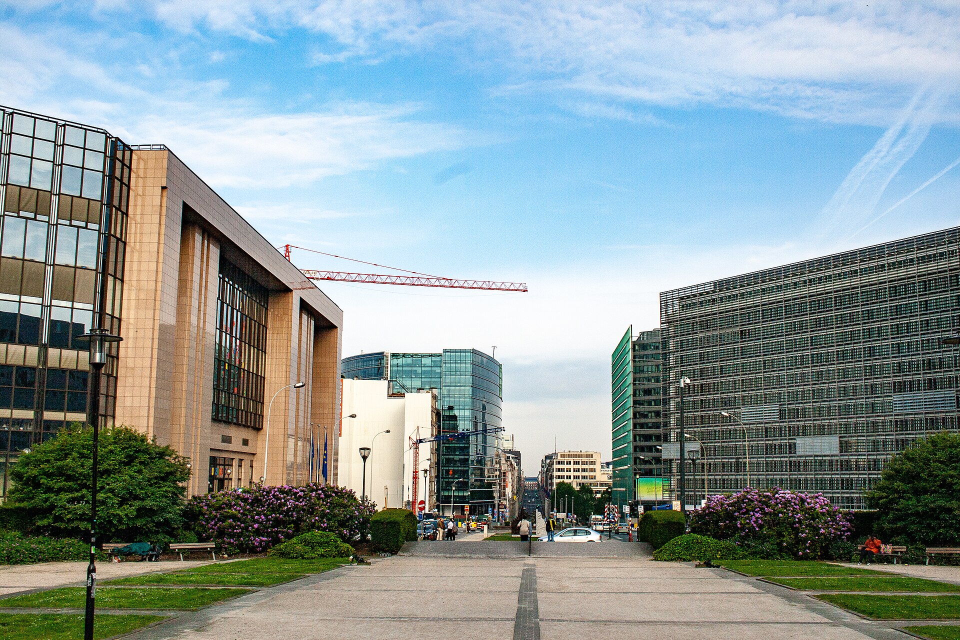 The Berlaymont and Justus Lipsius buildings flank a pedestrian approach to Schuman in the European Quarter of Brussels.