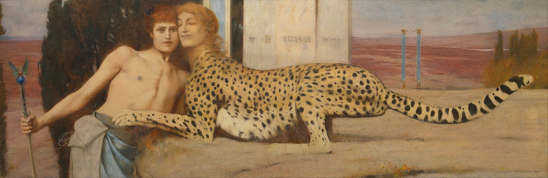 Fernand Khnopff’s Caresses, in Brussels’ Royal Museums collection, depicts a human-headed spotted creature leaning against a bare-chested figure holding a staff.
