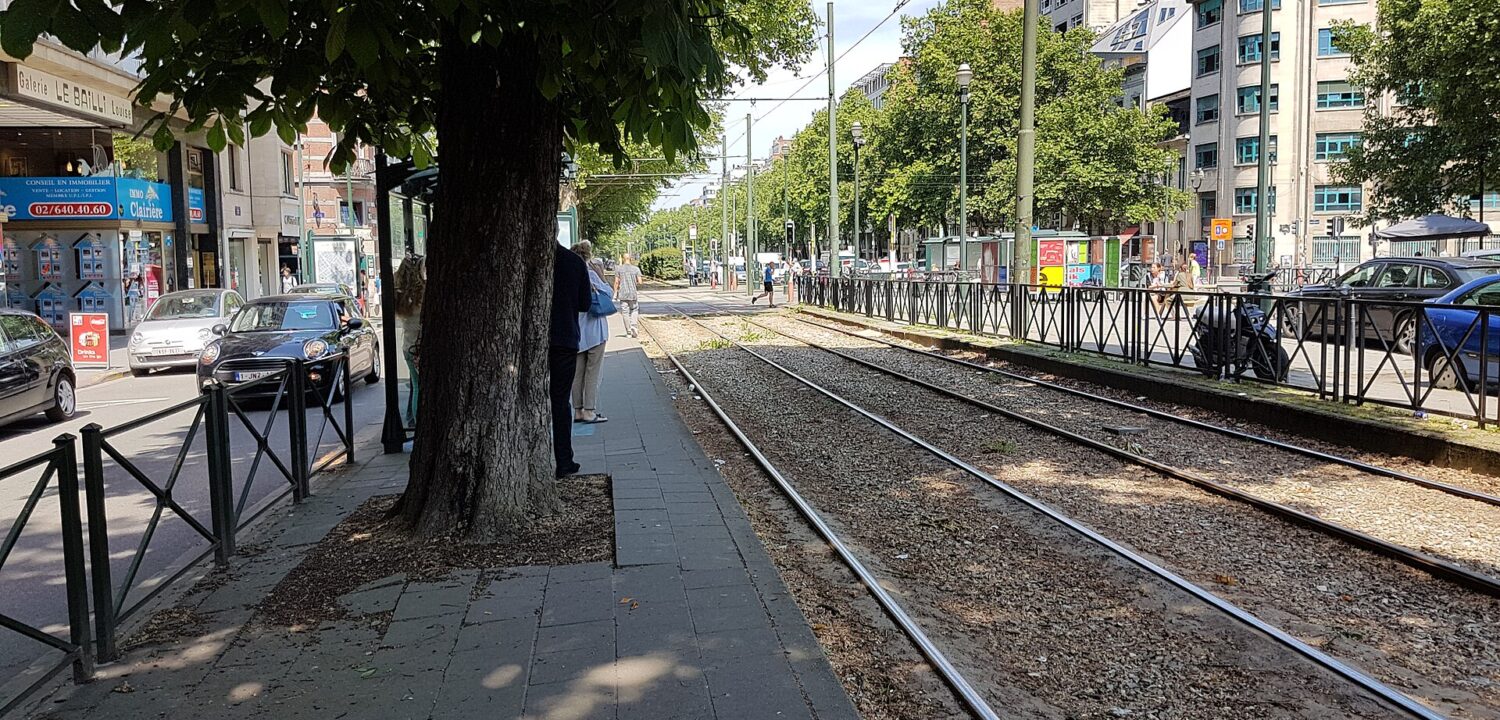 Tram tracks run between leafy platforms and shopfronts on Avenue Louise at Bailli in Brussels.