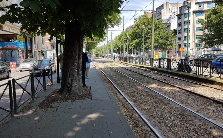 Tram tracks run between leafy platforms and shopfronts on Avenue Louise at Bailli in Brussels.